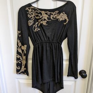 Latizou Black Cotton thin cardigan with Beige embroidery Ladies L ties at waist
